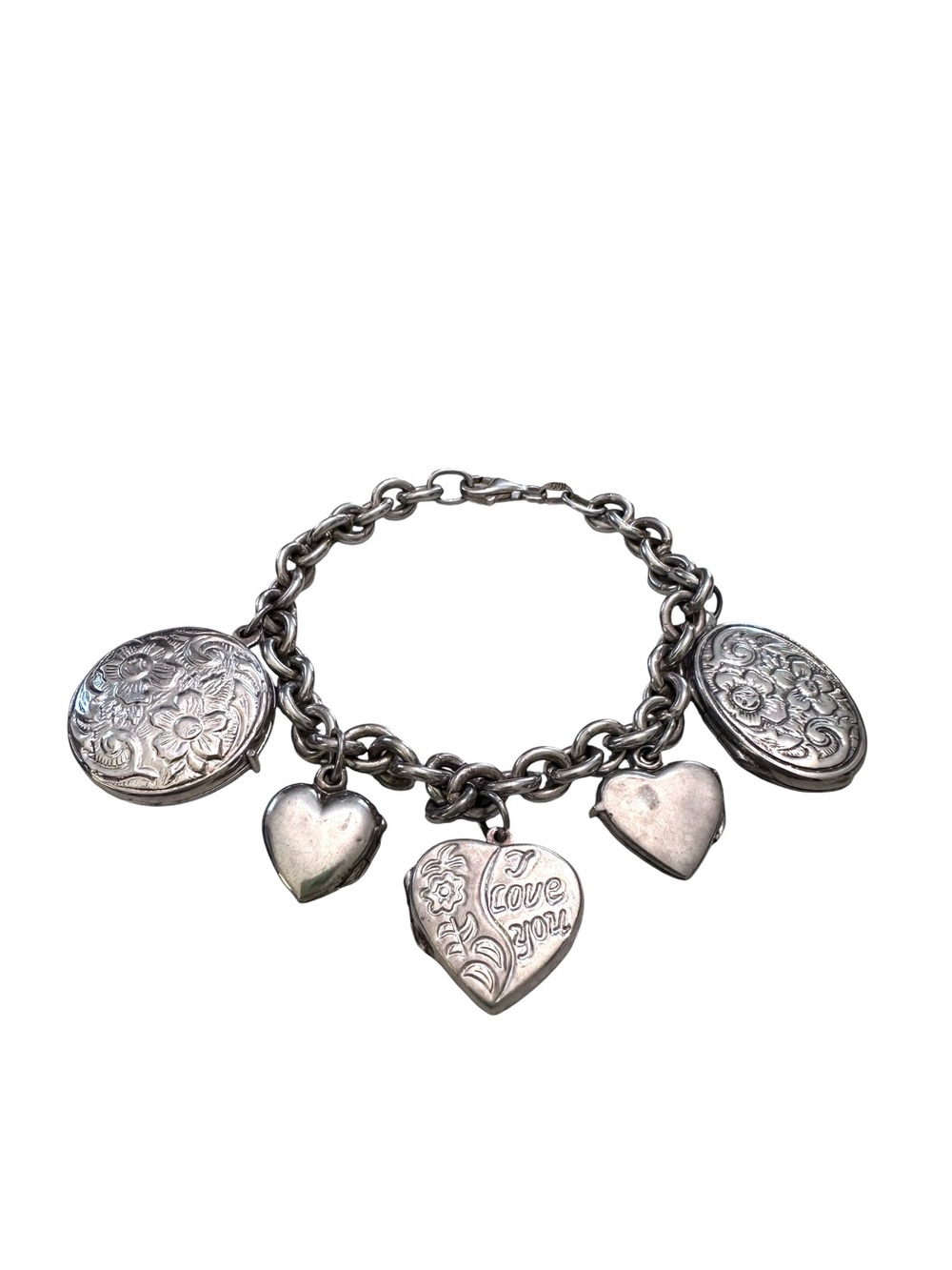 Vintage Sterling Silver I Love You Heart Locket Charm Bracelet